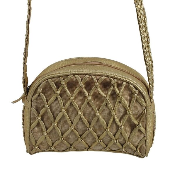TIANNI Vintage Gold Metallic and Linen Cameral Bag Crossbody Y2K Good Condition - Picture 1 of 9